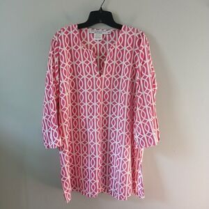 Gretchen Scott Women's Size Medium Tunic Blouse Geo Print Pink White 100% Cotton